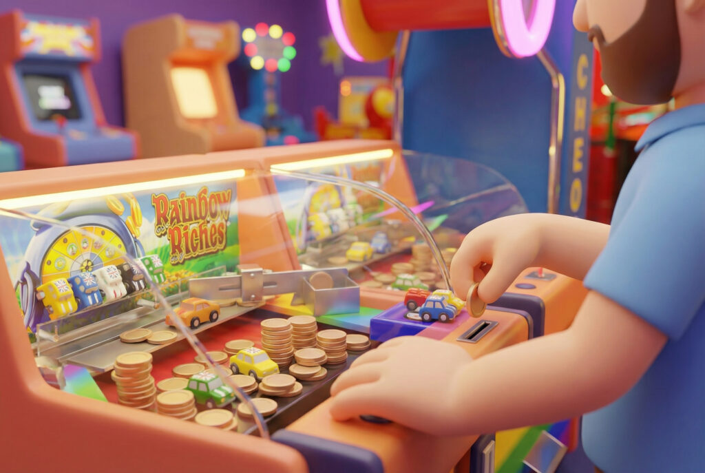 3d character using a 2p penny machine at the arcade