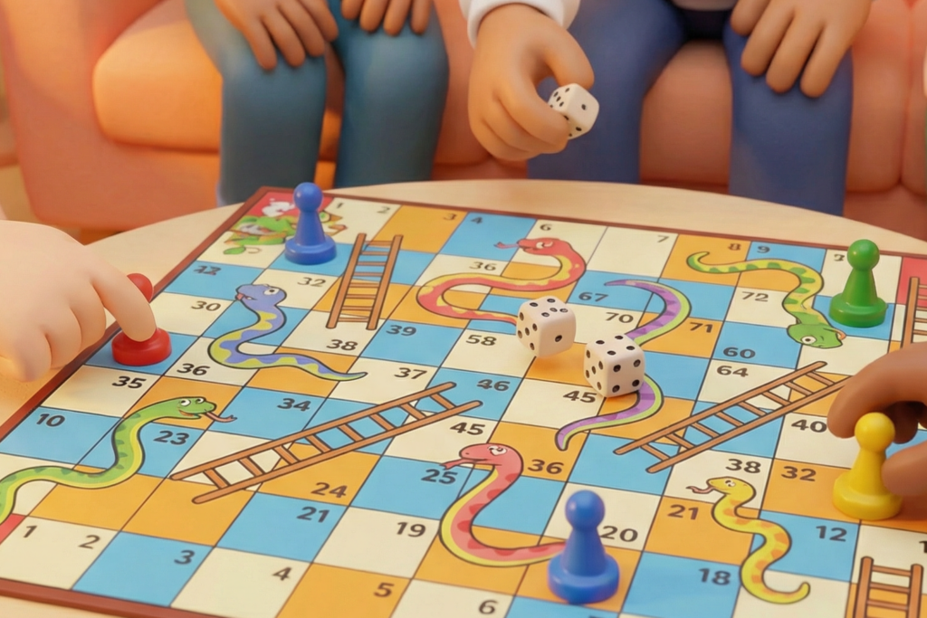 3d characters playing snakes and ladders